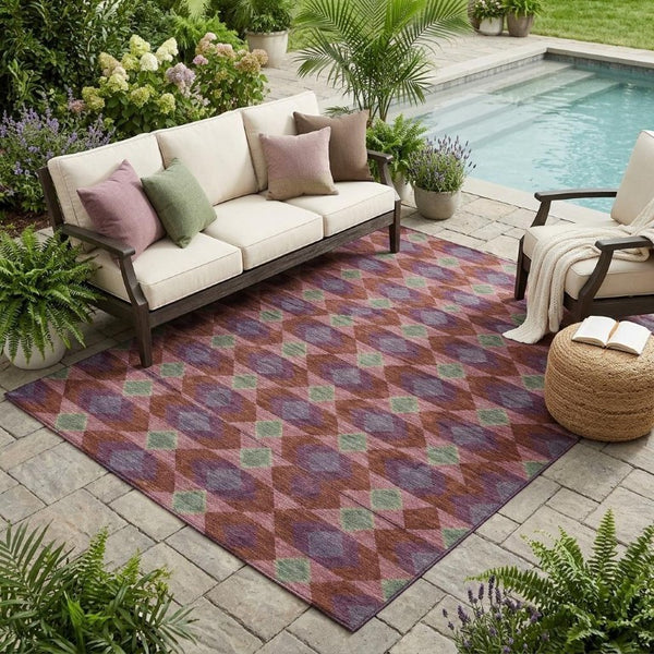 5x8 Burgundy Pewter Geometric Polyester Area Rug Stain Resistant Indoor Outdoor