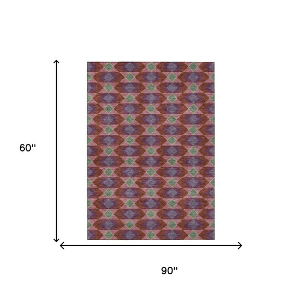 5x8 Burgundy Pewter Geometric Polyester Area Rug Stain Resistant Indoor Outdoor