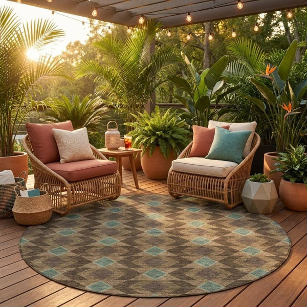 8 Ft Round Geometric Polyester Area Rug Washable for Patio Kitchen or Family Room