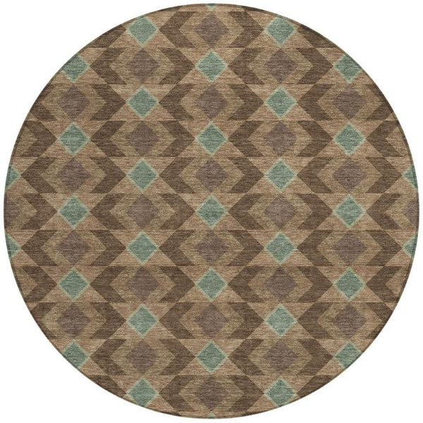 HomeRoots 8 Ft Round Geometric Polyester Area Rug Washable for Patio Kitchen or Family Room 736590