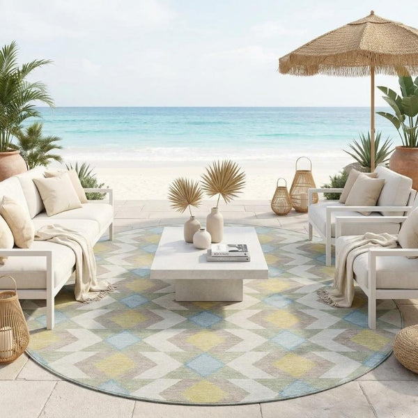 8 Ft Round Geometric Polyester Area Rug Washable Stain Resistant Patio or Kitchen