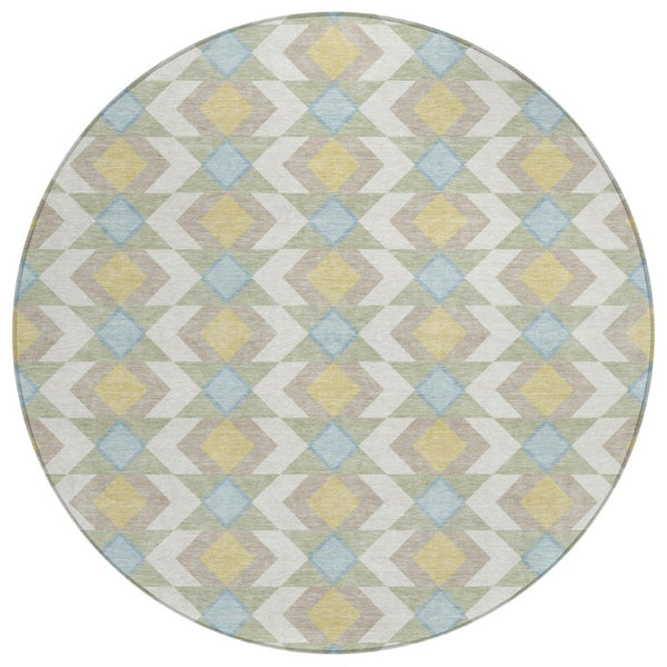 HomeRoots 8 Ft Round Geometric Polyester Area Rug Washable Stain Resistant Patio or Kitchen 736596