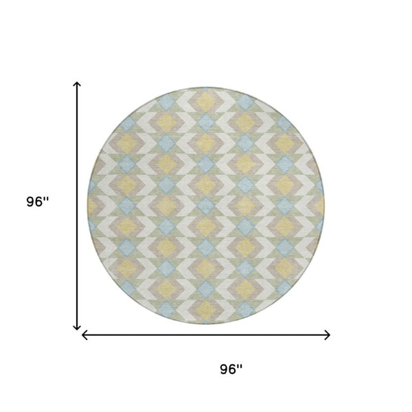 8 Ft Round Geometric Polyester Area Rug Washable Stain Resistant Patio or Kitchen