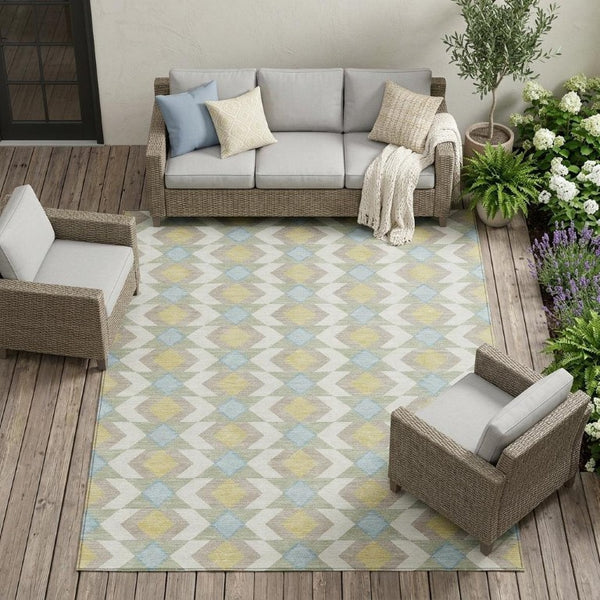 9 X 12 Ivory Saffron Geometric Polyester Area Rug Stain Resistant Indoor Outdoor