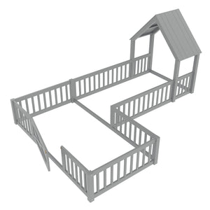 English Elm Twin House Floor Bed with Door and Full-Length Guardrails, Solid Wood Double Twin Floor Bed for Kids' Playful Rooms Grey W1580P354638