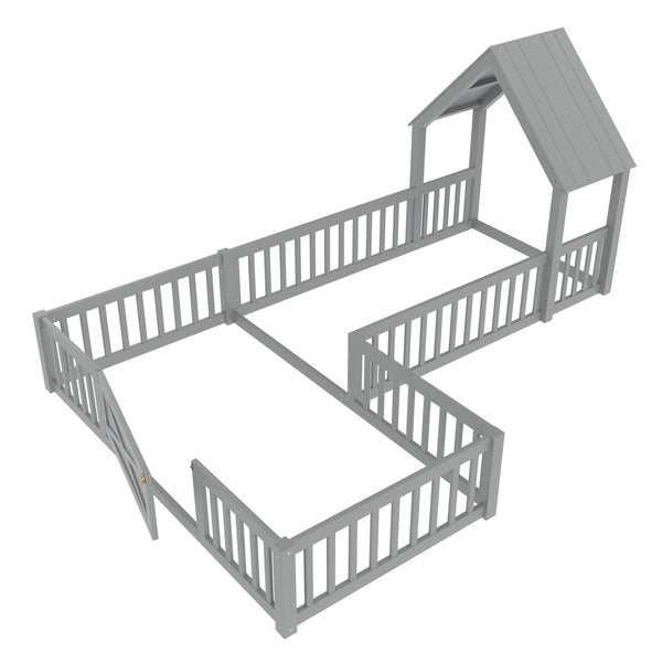 English Elm Twin House Floor Bed with Door and Full-Length Guardrails, Solid Wood Double Twin Floor Bed for Kids' Playful Rooms Grey W1580P354638