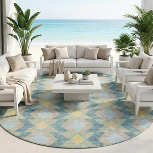 8 Ft Round Geometric Polyester Area Rug Teal Graphite Washable for Patio or Family Room