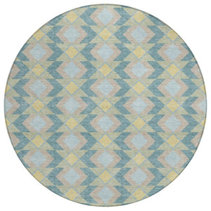 HomeRoots 8 Ft Round Geometric Polyester Area Rug Teal Graphite Washable for Patio or Family Room 736602