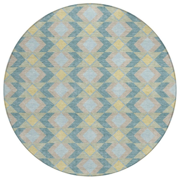 HomeRoots 8 Ft Round Geometric Polyester Area Rug Teal Graphite Washable for Patio or Family Room 736602