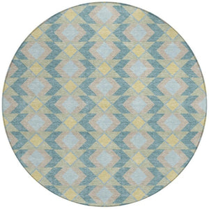 8 Ft Round Geometric Polyester Area Rug Teal Graphite Washable for Patio or Family Room