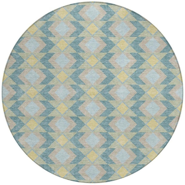 8 Ft Round Geometric Polyester Area Rug Teal Graphite Washable for Patio or Family Room