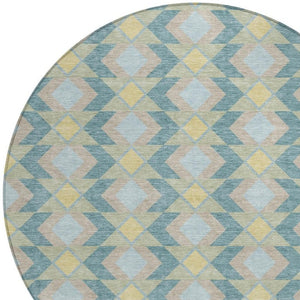 8 Ft Round Geometric Polyester Area Rug Teal Graphite Washable for Patio or Family Room