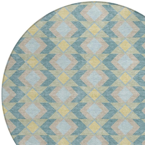 8 Ft Round Geometric Polyester Area Rug Teal Graphite Washable for Patio or Family Room