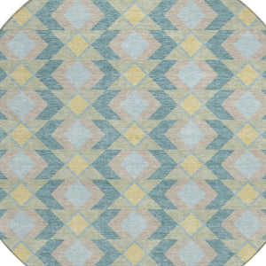 8 Ft Round Geometric Polyester Area Rug Teal Graphite Washable for Patio or Family Room