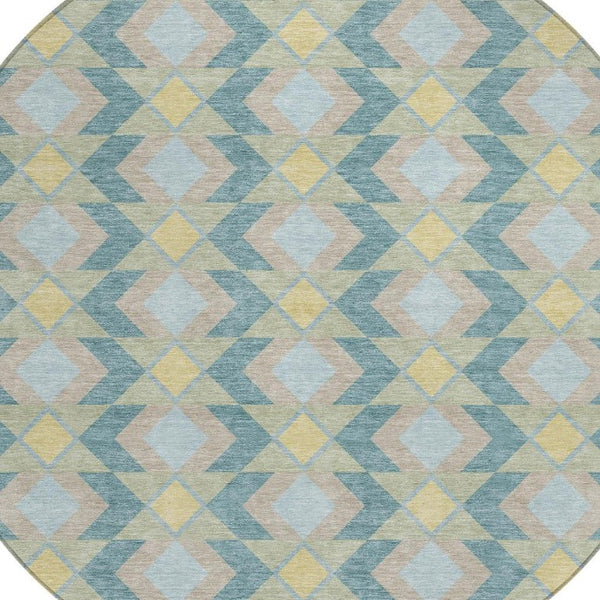 8 Ft Round Geometric Polyester Area Rug Teal Graphite Washable for Patio or Family Room