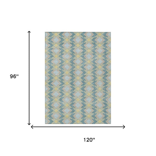 8x10 Teal Graphite Geometric Polyester Area Rug Washable Stain Resistant Patio