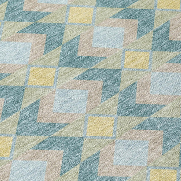 9 X 12 Teal Graphite Geometric Polyester Area Rug Washable for Patio or Living Room