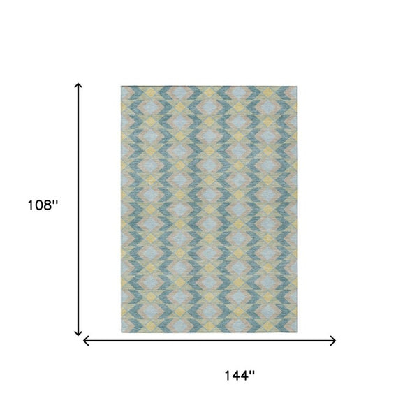 9 X 12 Teal Graphite Geometric Polyester Area Rug Washable for Patio or Living Room