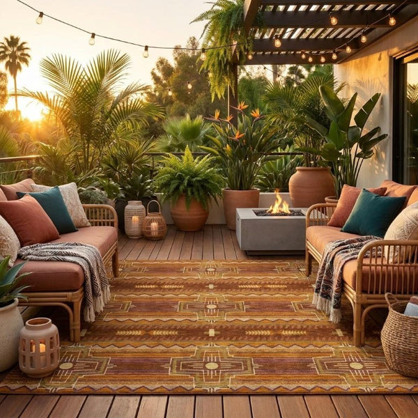 8 Ft Round Tribal Geometric Polyester Rug Washable Stain Resistant Patio or Home