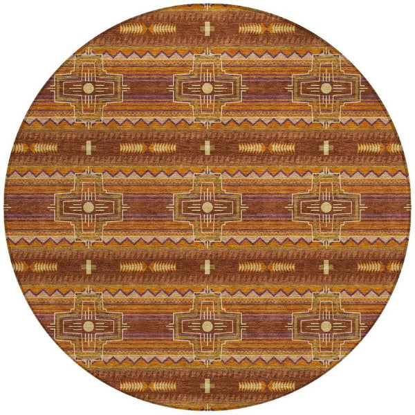 8 Ft Round Tribal Geometric Polyester Rug Washable Stain Resistant Patio or Home