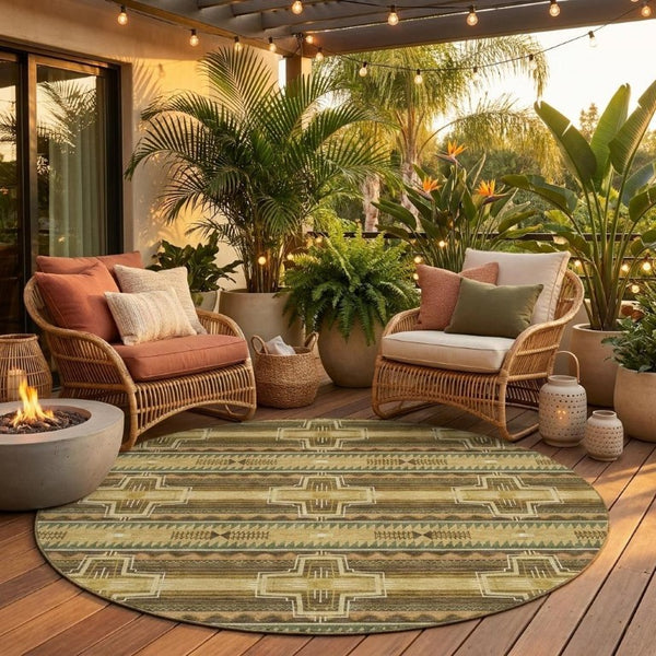 8 Ft Round Tribal Geometric Polyester Rug Washable Indoor Outdoor Patio Decor