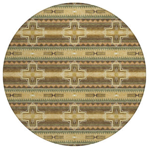 HomeRoots 8 Ft Round Tribal Geometric Polyester Rug Washable Indoor Outdoor Patio Decor 736638