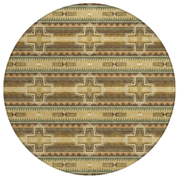 HomeRoots 8 Ft Round Tribal Geometric Polyester Rug Washable Indoor Outdoor Patio Decor 736638