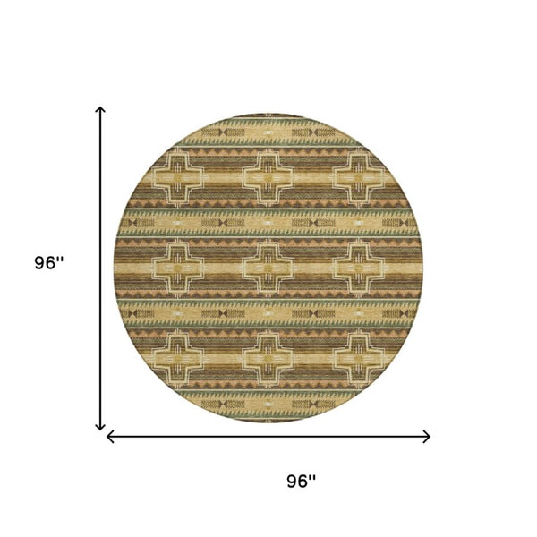 8 Ft Round Tribal Geometric Polyester Rug Washable Indoor Outdoor Patio Decor