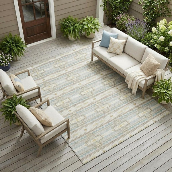 10 X 14 Ivory Cream Tribal Polyester Area Rug Stain Resistant for Patio or Living Room