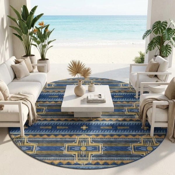 8 Ft Round Tribal Geometric Polyester Indoor Outdoor Rug Stain Resistant Boho