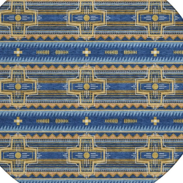 8 Ft Round Tribal Geometric Polyester Indoor Outdoor Rug Stain Resistant Boho
