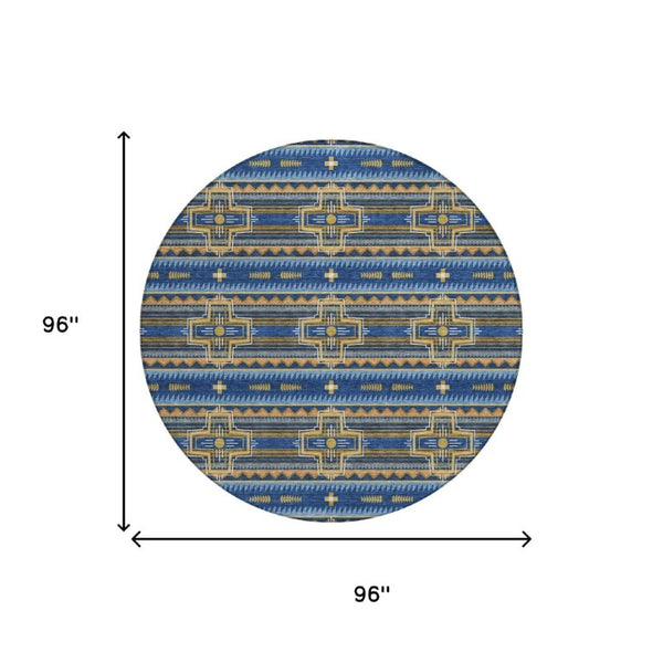 8 Ft Round Tribal Geometric Polyester Indoor Outdoor Rug Stain Resistant Boho