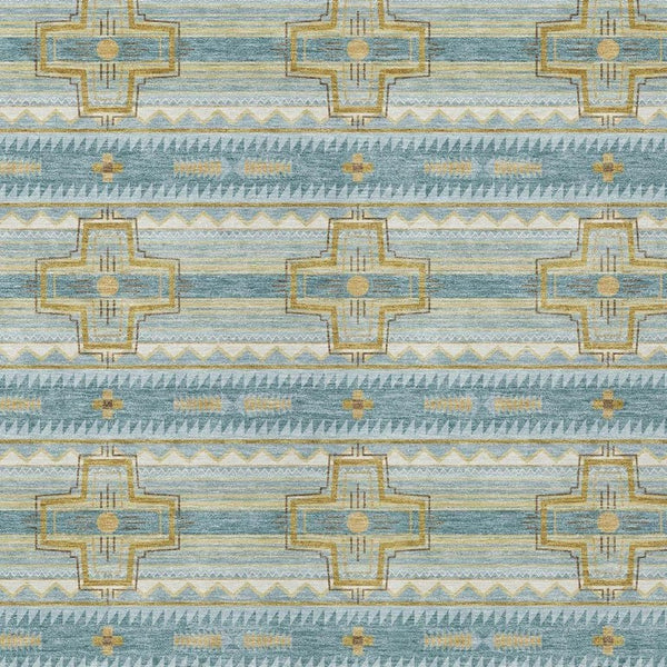 5x8 Tribal Teal Gold Polyester Area Rug Washable Stain Resistant Indoor Outdoor Patio
