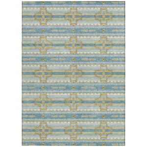 5x8 Tribal Teal Gold Polyester Area Rug Washable Stain Resistant Indoor Outdoor Patio