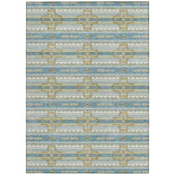 5x8 Tribal Teal Gold Polyester Area Rug Washable Stain Resistant Indoor Outdoor Patio