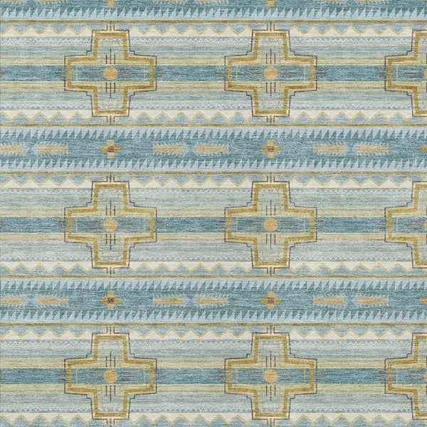 5x8 Tribal Teal Gold Polyester Area Rug Washable Stain Resistant Indoor Outdoor Patio