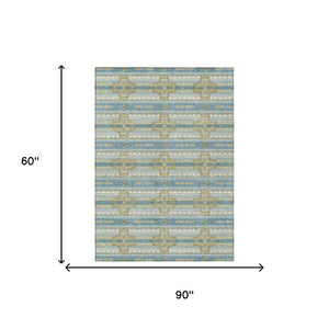 5x8 Tribal Teal Gold Polyester Area Rug Washable Stain Resistant Indoor Outdoor Patio