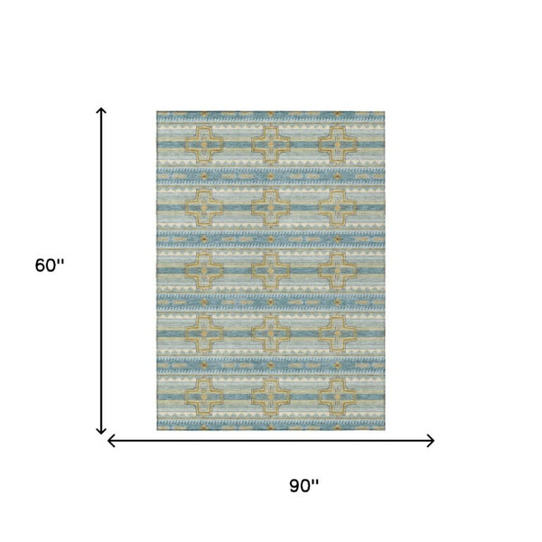 5x8 Tribal Teal Gold Polyester Area Rug Washable Stain Resistant Indoor Outdoor Patio