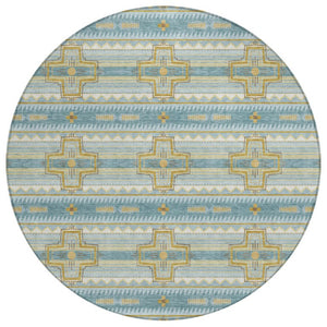 HomeRoots 8 Ft Round Tribal Geometric Polyester Area Rug Teal Gold Washable Indoor Outdoor 736656