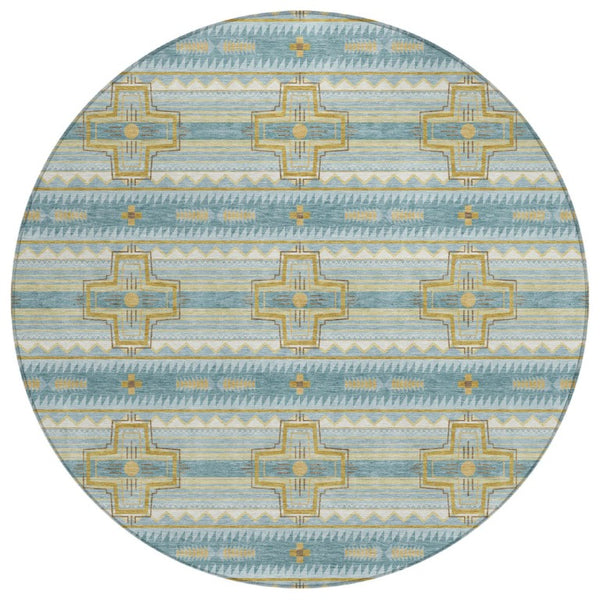 HomeRoots 8 Ft Round Tribal Geometric Polyester Area Rug Teal Gold Washable Indoor Outdoor 736656