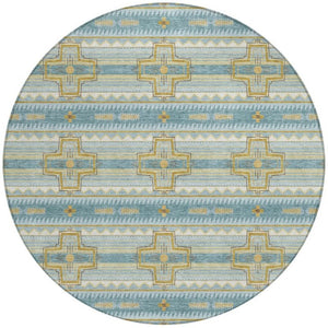 8 Ft Round Tribal Geometric Polyester Area Rug Teal Gold Washable Indoor Outdoor