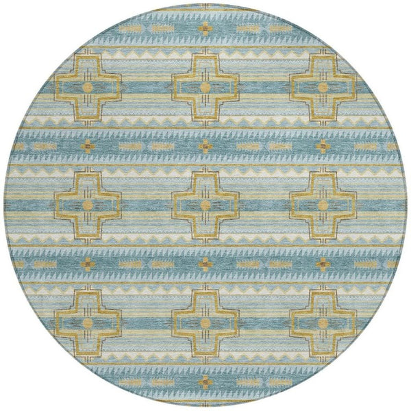 8 Ft Round Tribal Geometric Polyester Area Rug Teal Gold Washable Indoor Outdoor