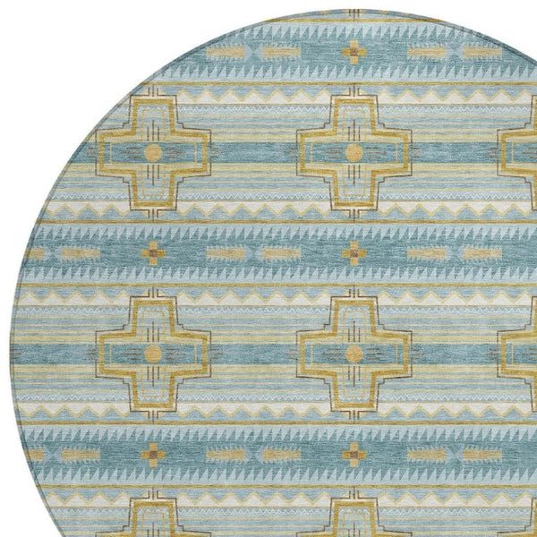 8 Ft Round Tribal Geometric Polyester Area Rug Teal Gold Washable Indoor Outdoor