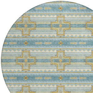 8 Ft Round Tribal Geometric Polyester Area Rug Teal Gold Washable Indoor Outdoor