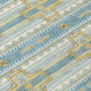 8 Ft Round Tribal Geometric Polyester Area Rug Teal Gold Washable Indoor Outdoor
