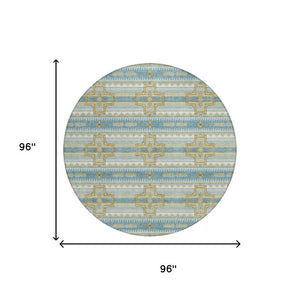 8 Ft Round Tribal Geometric Polyester Area Rug Teal Gold Washable Indoor Outdoor