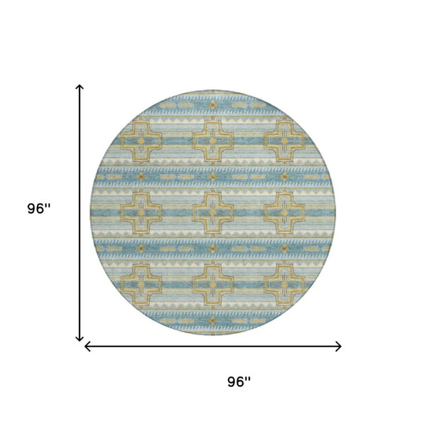 8 Ft Round Tribal Geometric Polyester Area Rug Teal Gold Washable Indoor Outdoor