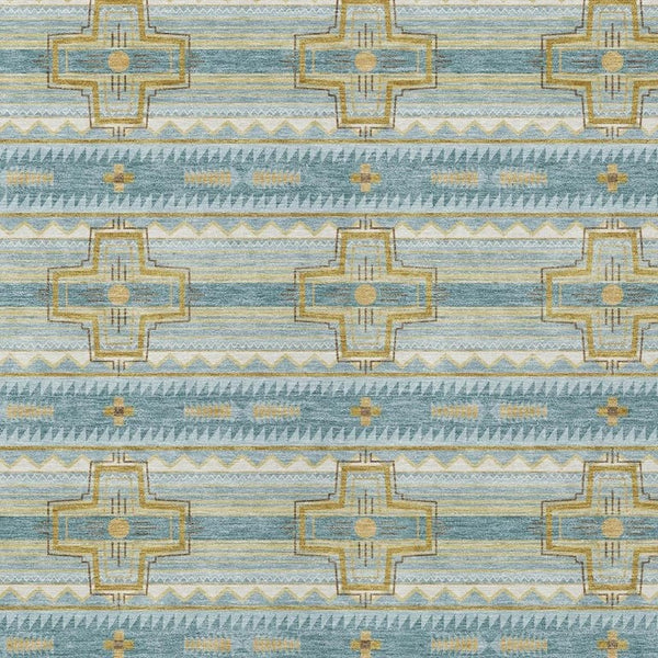 8 X 10 Teal Gold Tribal Polyester Washable Area Rug for Patio Porch or Living Room