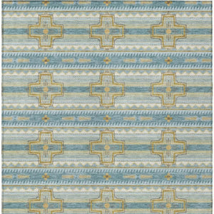 8 X 10 Teal Gold Tribal Polyester Washable Area Rug for Patio Porch or Living Room