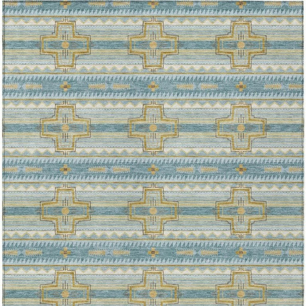 8 X 10 Teal Gold Tribal Polyester Washable Area Rug for Patio Porch or Living Room